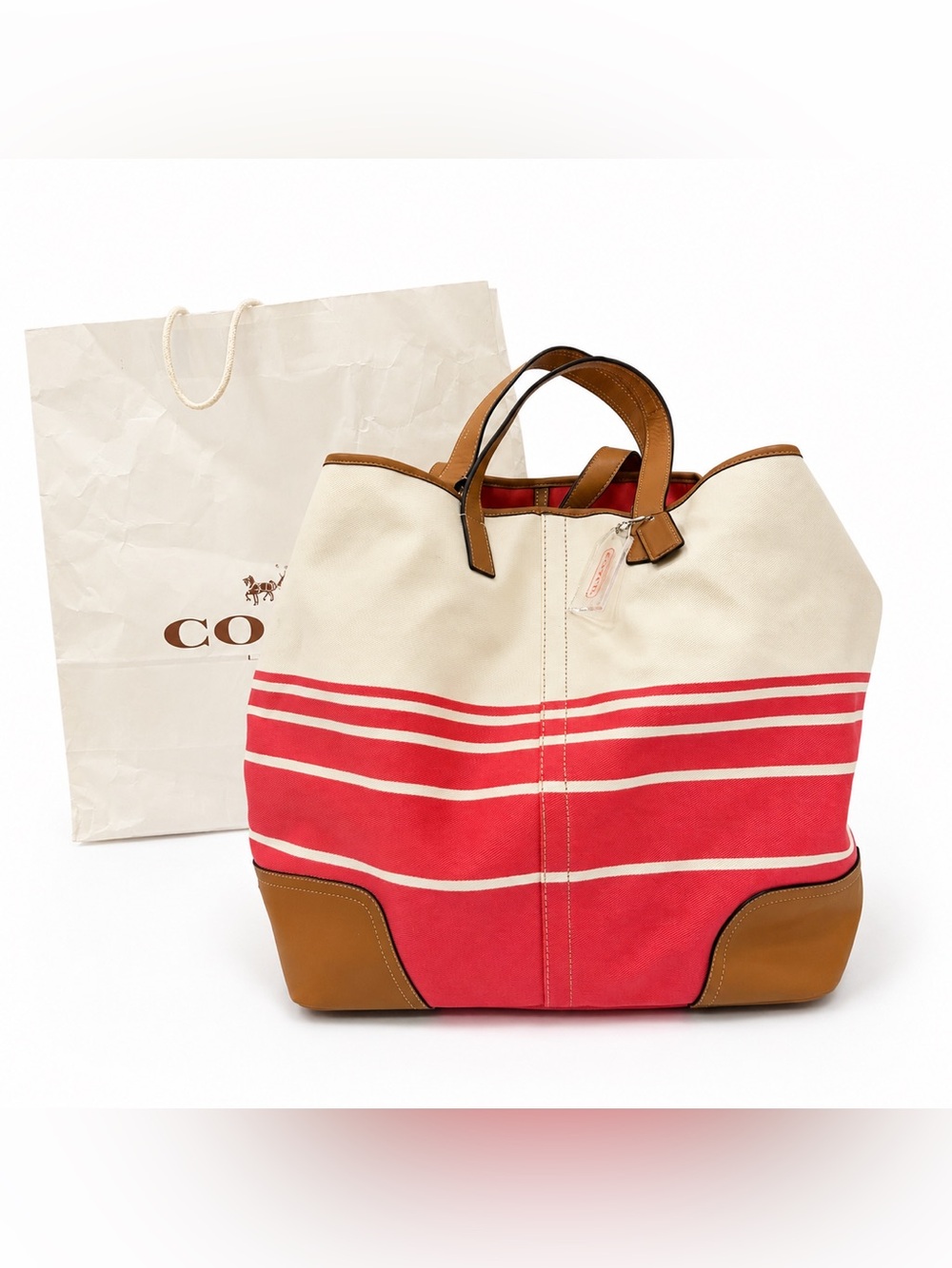 Coach Cream and Coral Stripe Canvas Tote with Tan Leather Trim